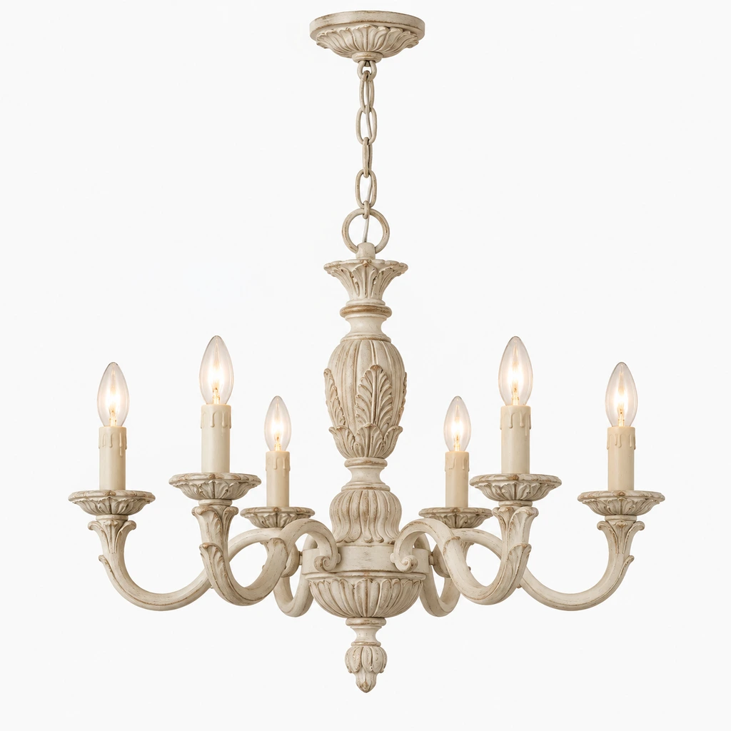 Valencia carved ivory candle chandelier illuminated in a neutral studio