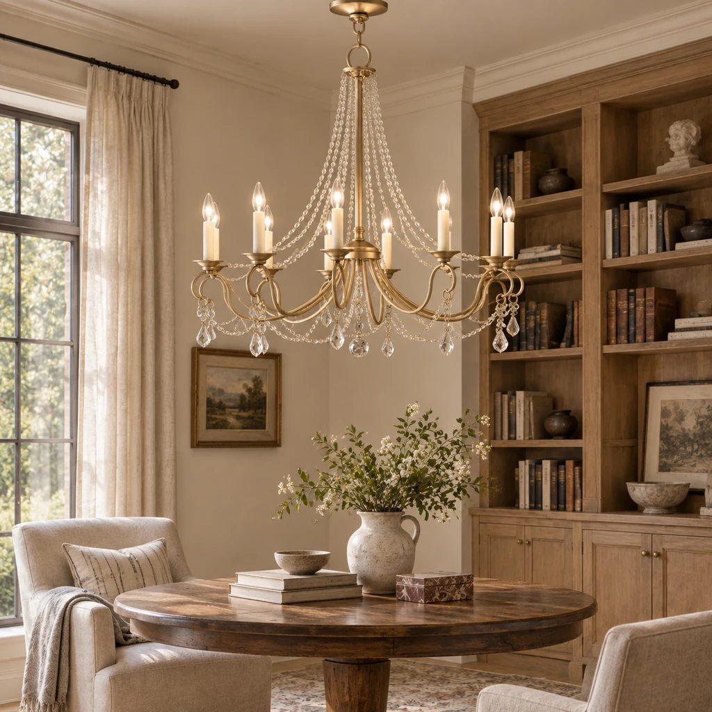 Marlow chandelier in a warm-white library dining room