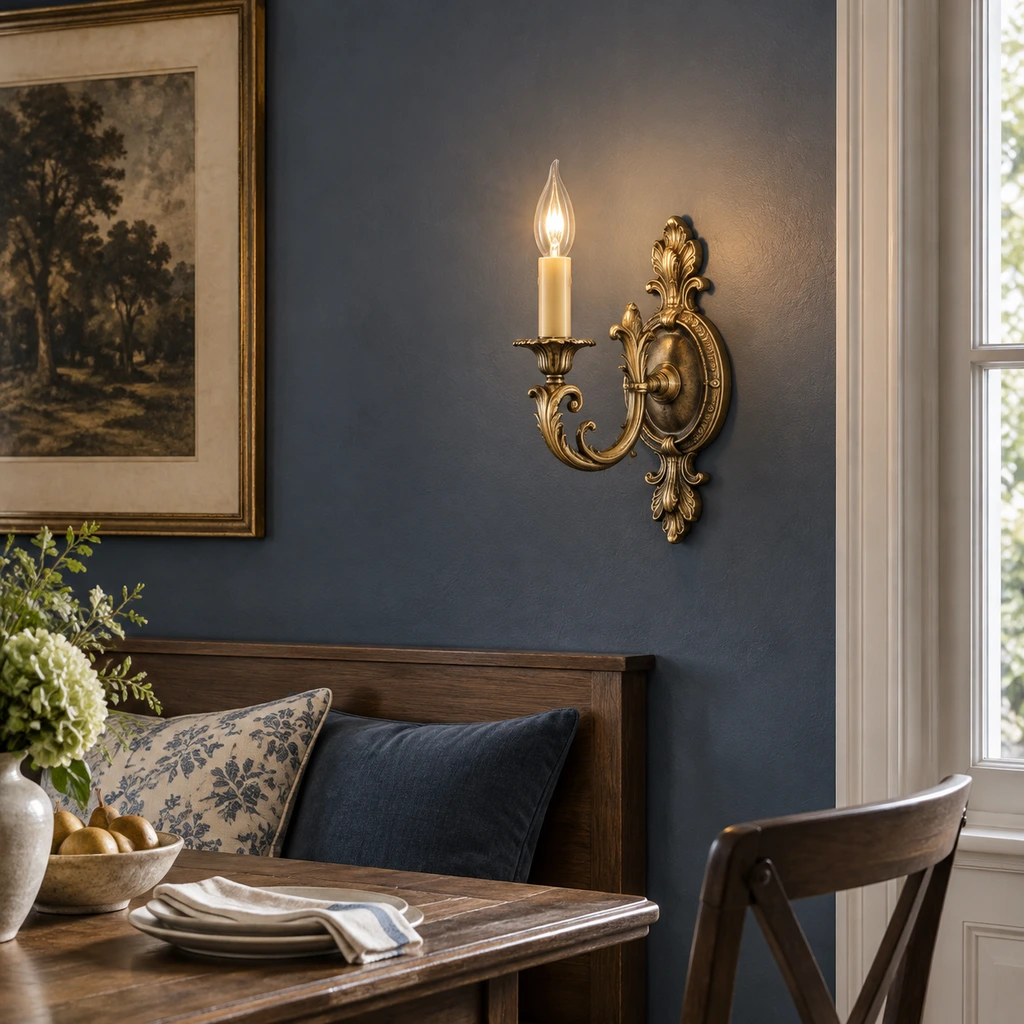 Marcellus ornate gold wall sconce beside a linen headboard against muted terracotta plaster