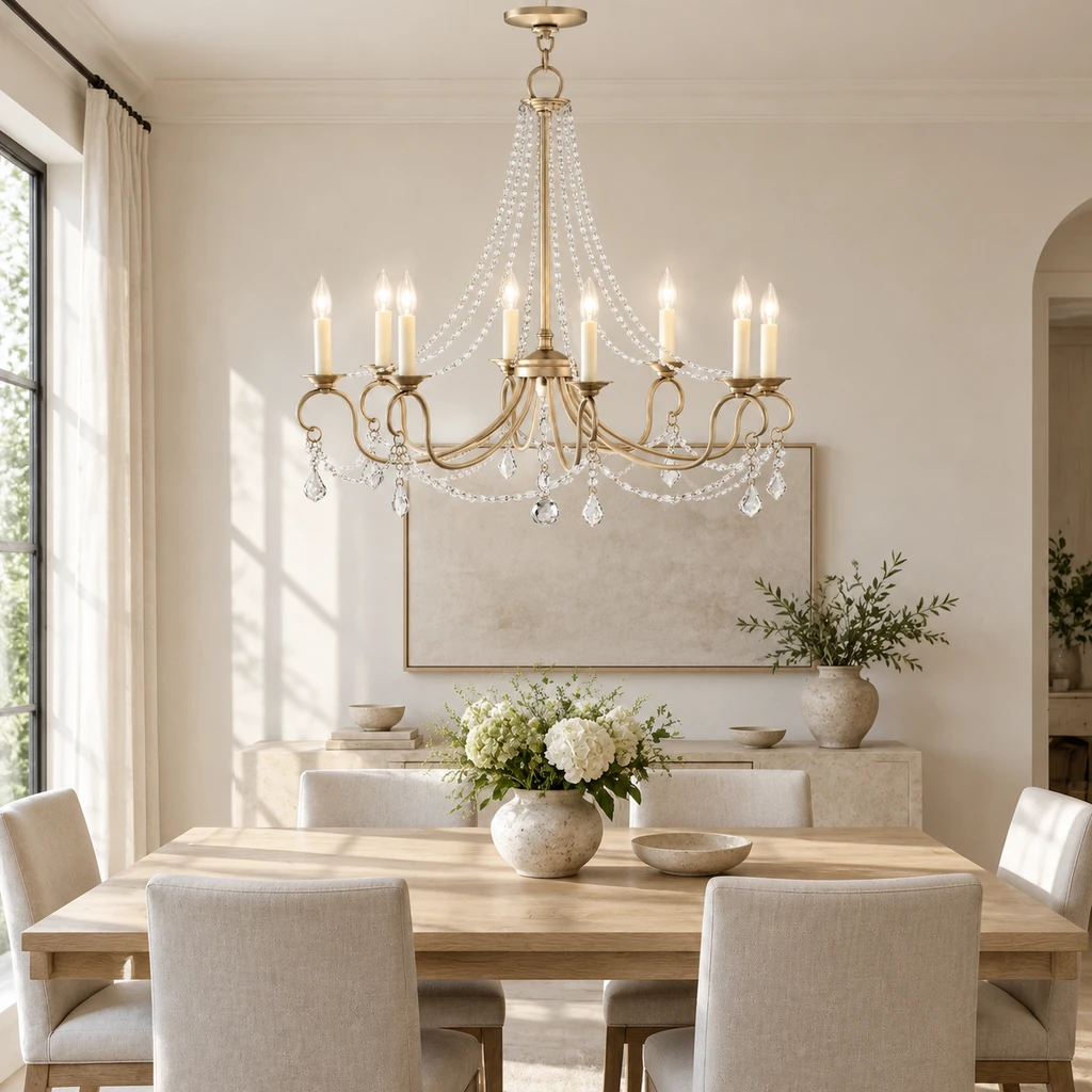 Marlow crystal chandelier above a pale oak dining table