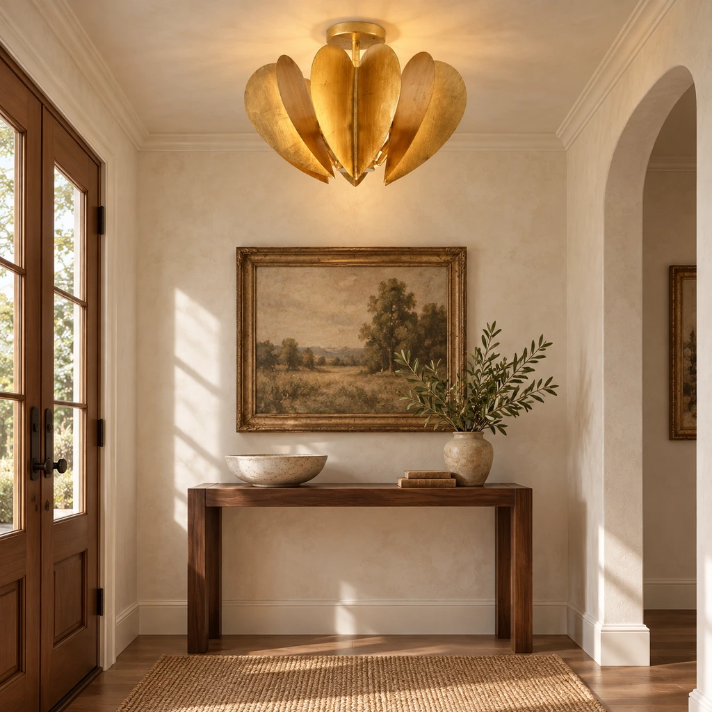 Vintage gold leaf flush-mount ceiling light installed over an entry console