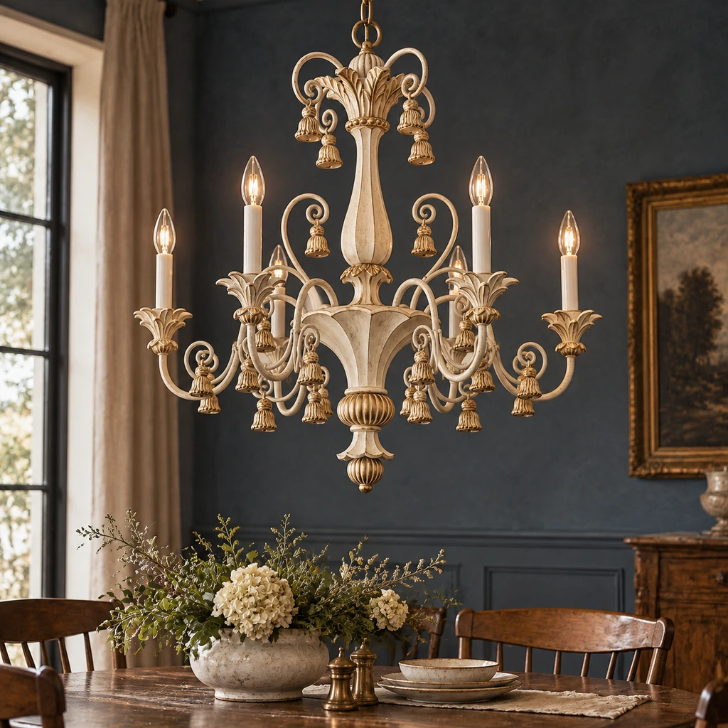 Bellamy six-light carved ivory chandelier above a walnut dining table