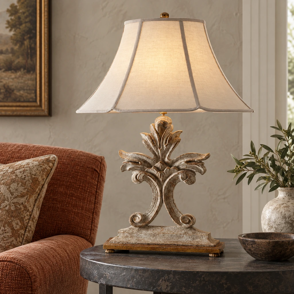 Linden carved wood table lamp in a boutique hospitality lounge