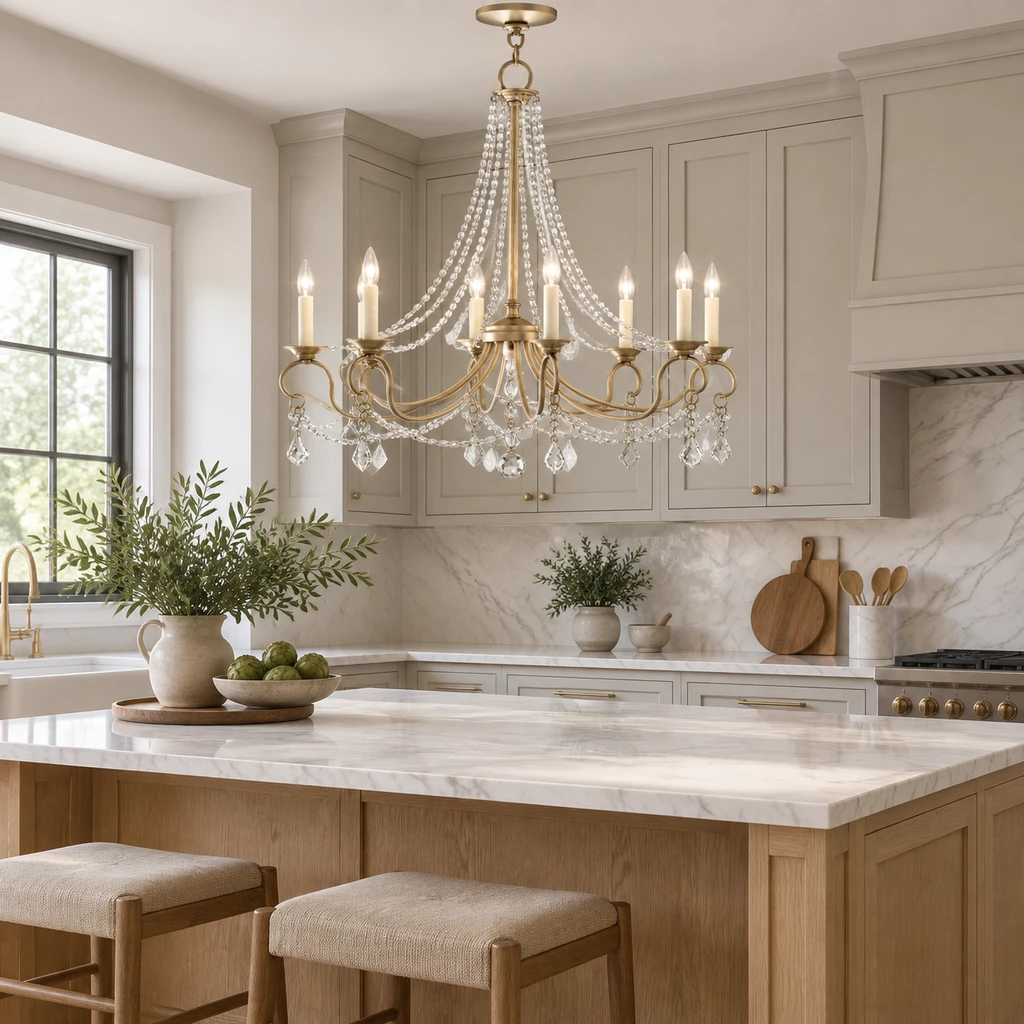 Marlow chandelier above a natural oak kitchen island
