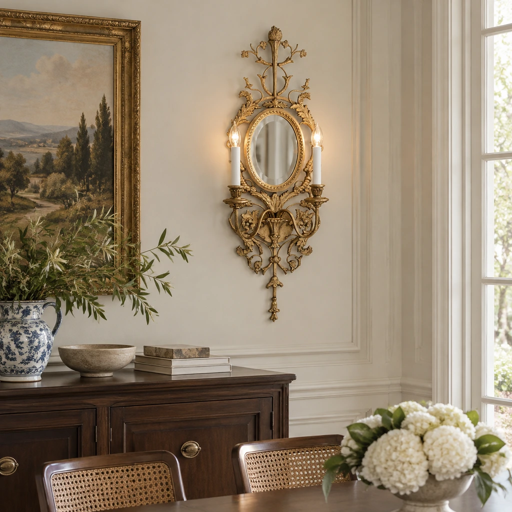 Ornate mirror wall sconce in a dining room scene