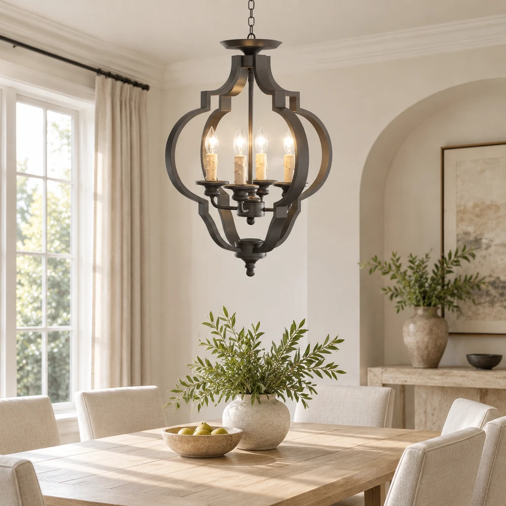 Ridgeway lantern chandelier above a pale oak dining table