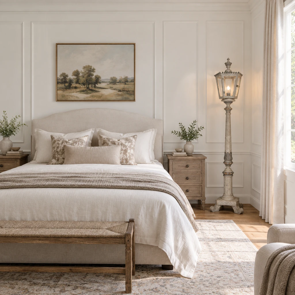 Maison floor lamp in a bedroom without bedside lamps
