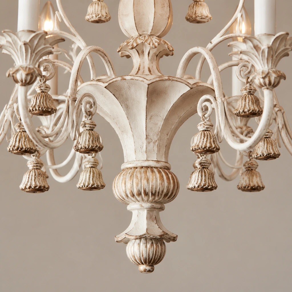 Close detail of Bellamy lower carved finial and bell ornaments