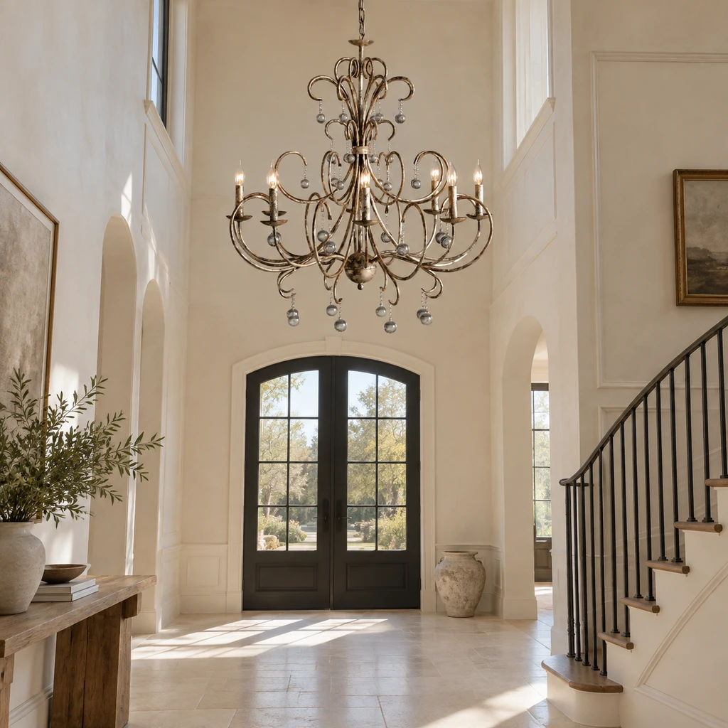 Regent chandelier in a limestone foyer