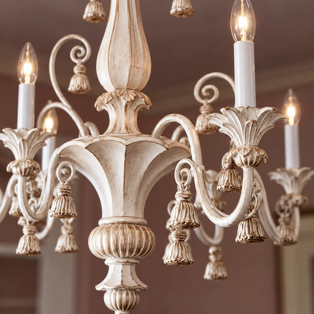 Close detail of Bellamy carved ivory scrollwork and branch junctions