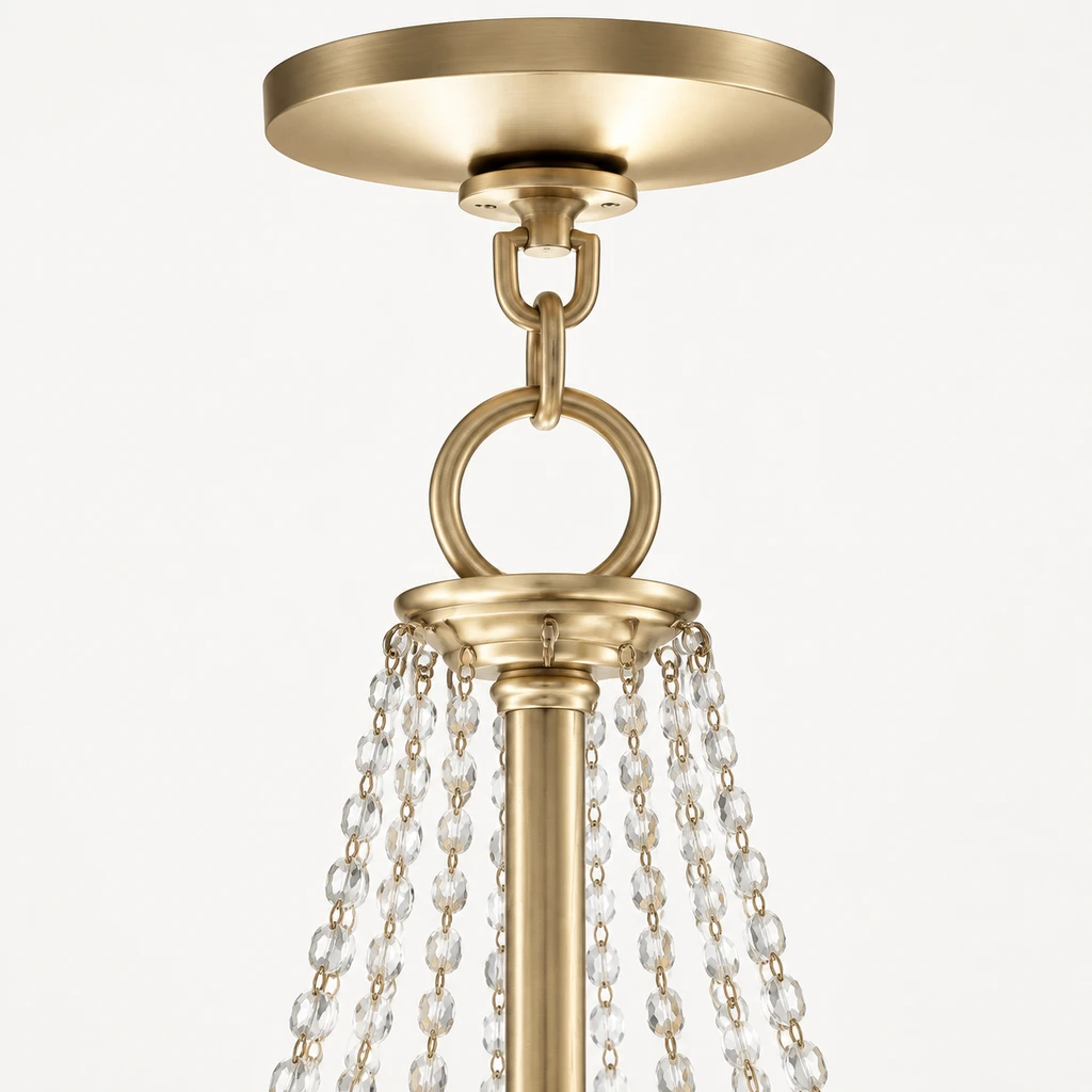Close detail of the canopy, chain connector and crystal strands