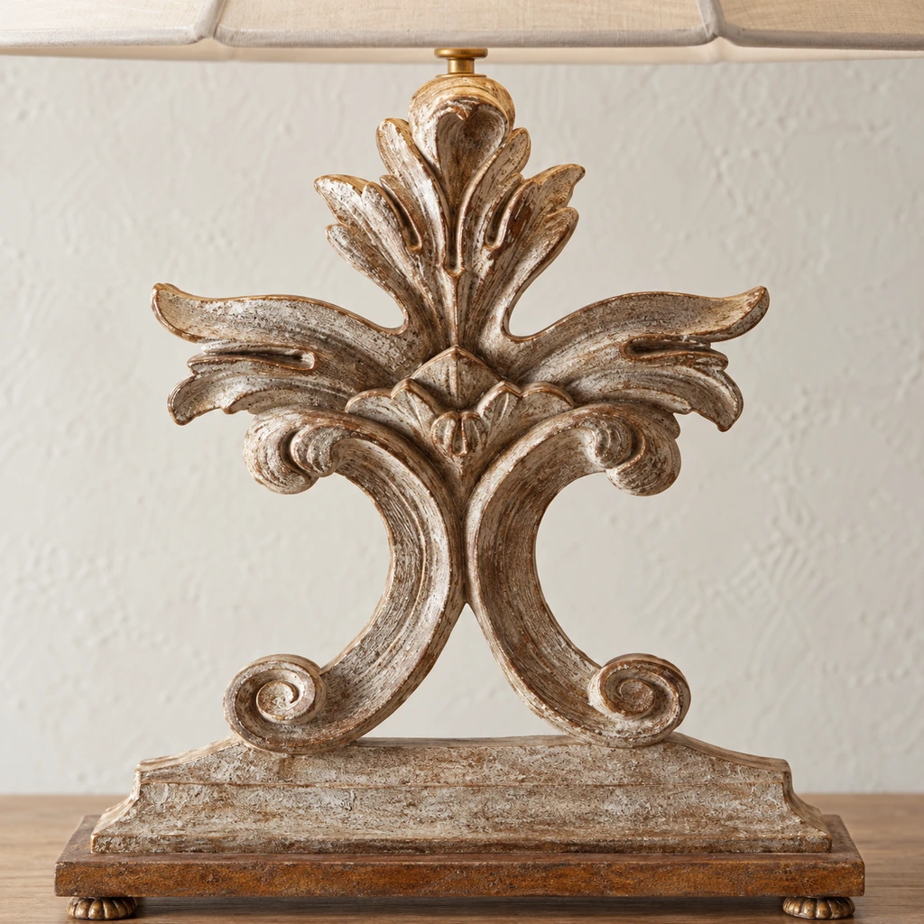 Close detail of the open symmetrical carved wood frame and scroll supports