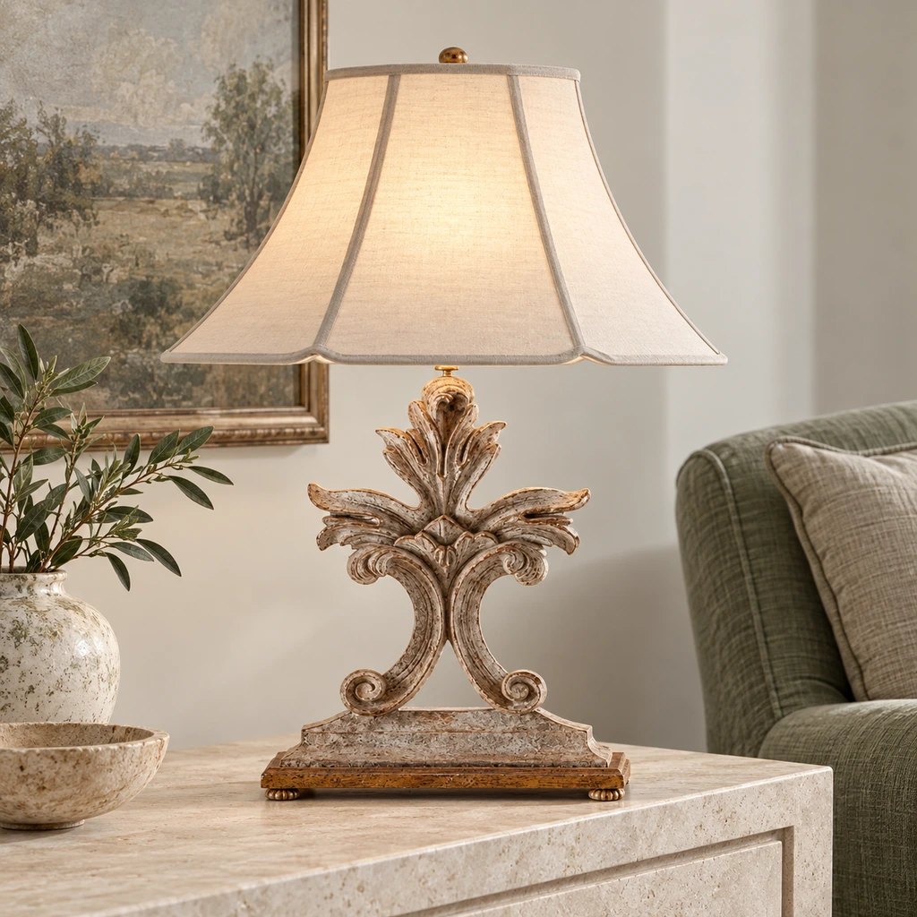 Linden carved wood table lamp on a pale limestone console