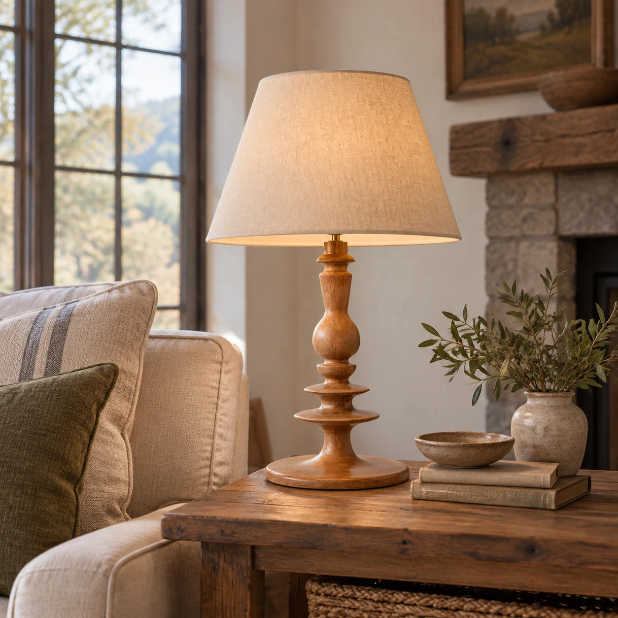 Rustic wooden table lamp in a residential room