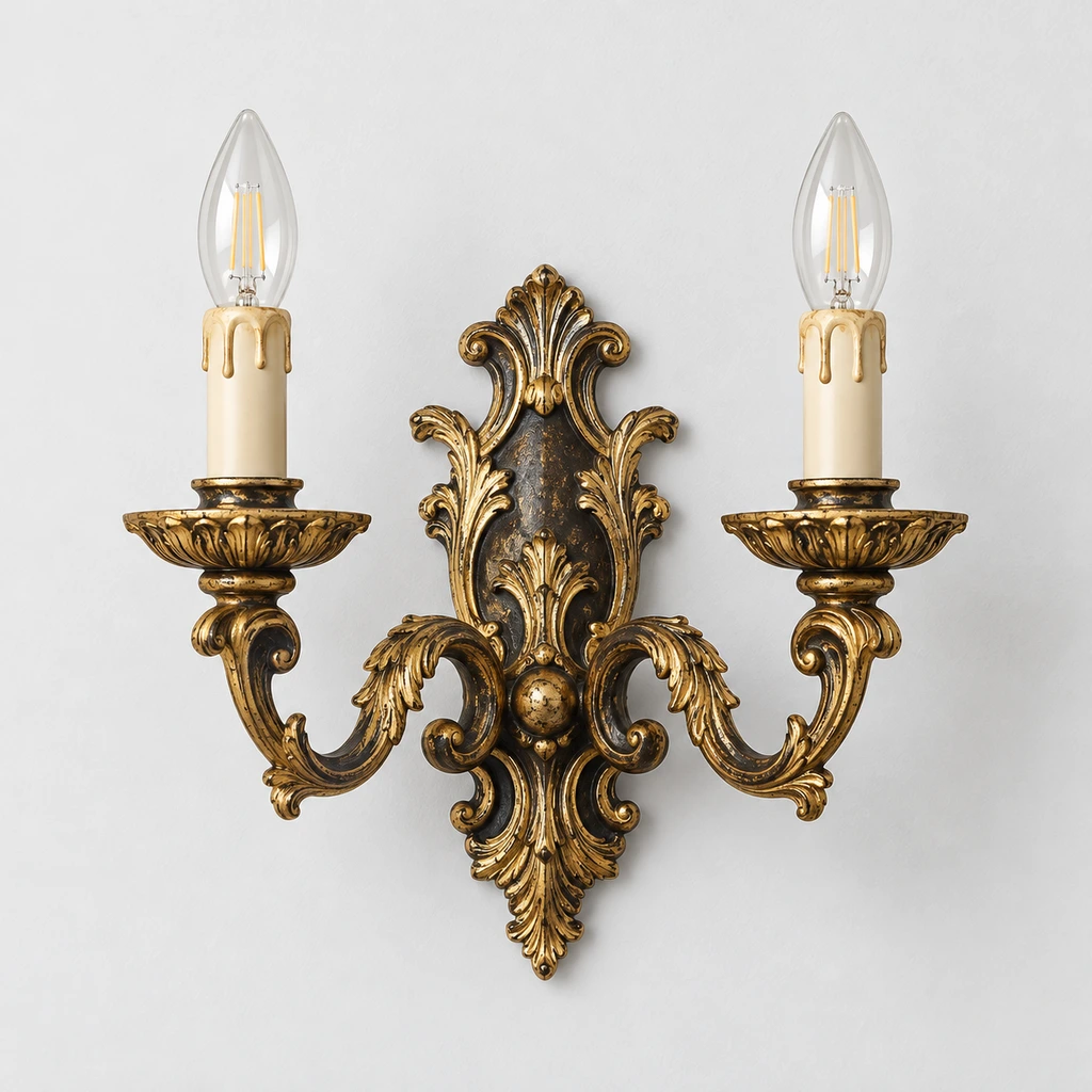 Marcellus ornate gold wall sconce illuminated in a neutral studio