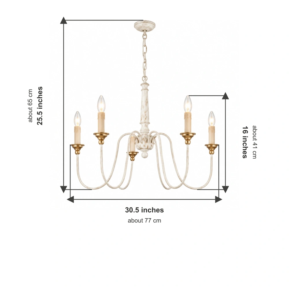 Chandelier dimensions: overall width 30.5 inches, main height 25.5 inches and arm height 16 inches