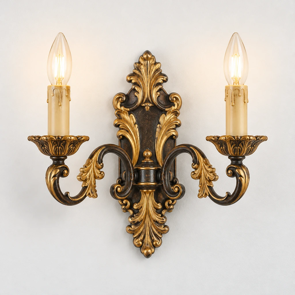 Marcellus ornate gold wall sconce switched off in a neutral studio