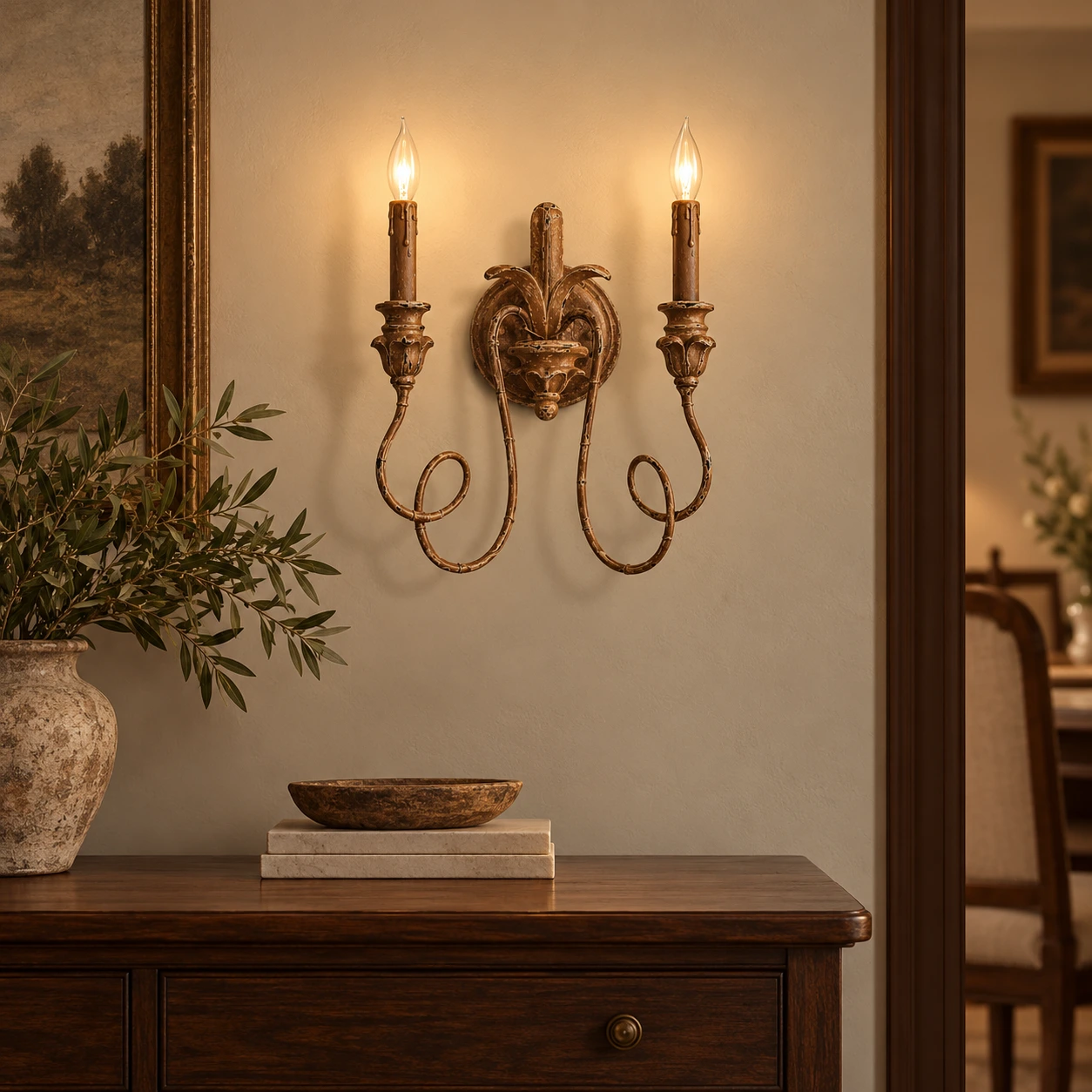 Cassia brown aged wall sconce above a walnut console