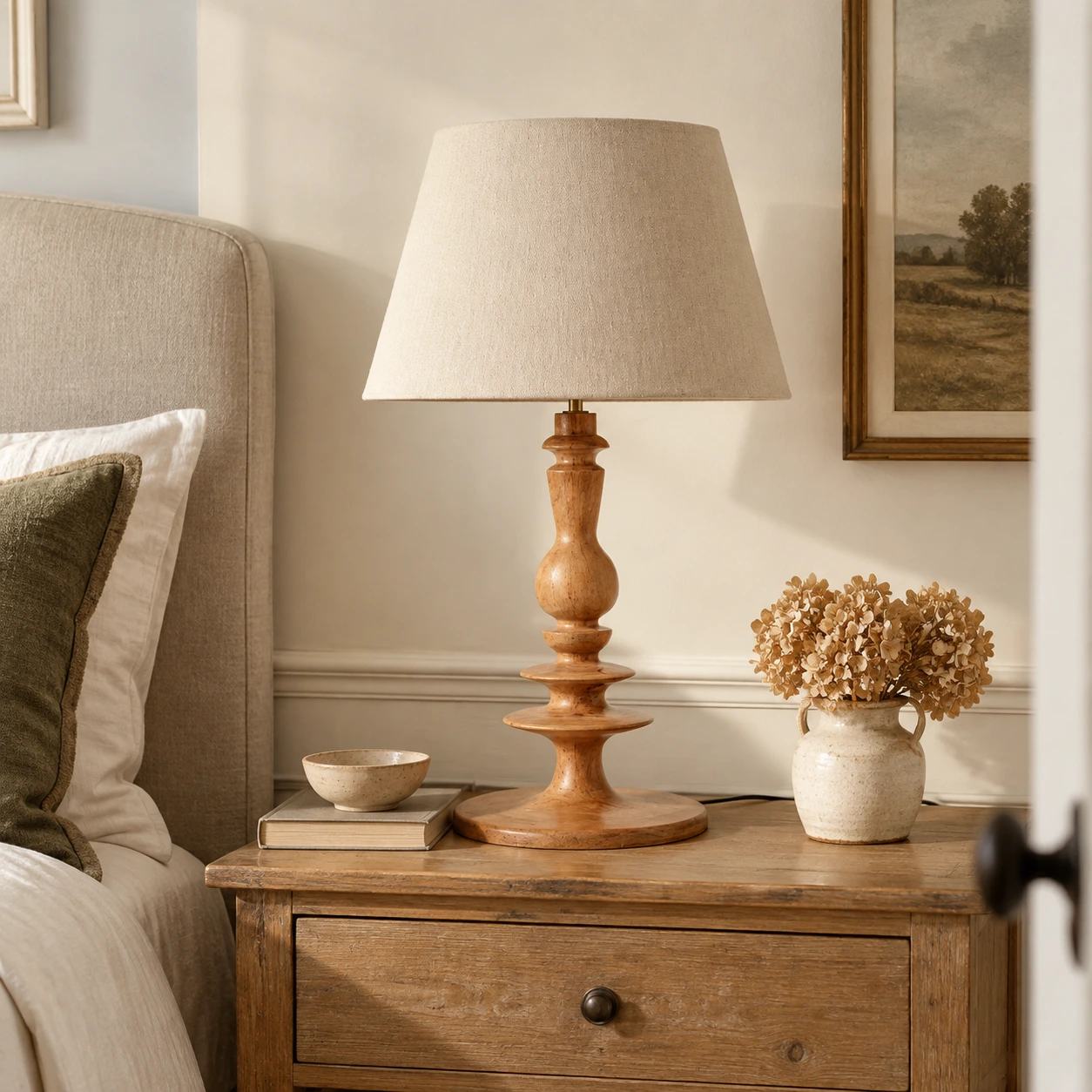 Rustic wooden table lamp in a warm living room