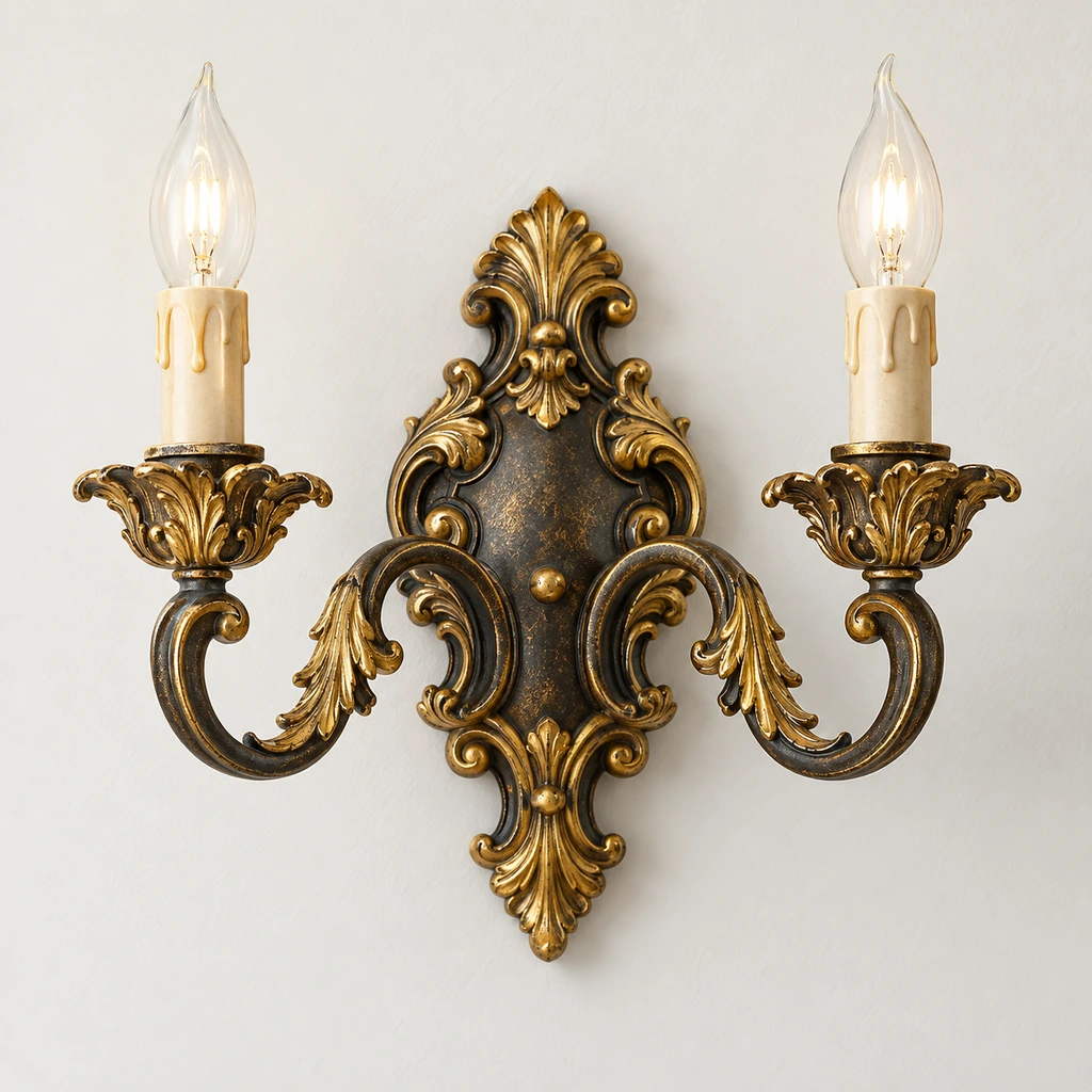 Marcellus ornate gold wall sconce above a pale limestone console in a sage entry