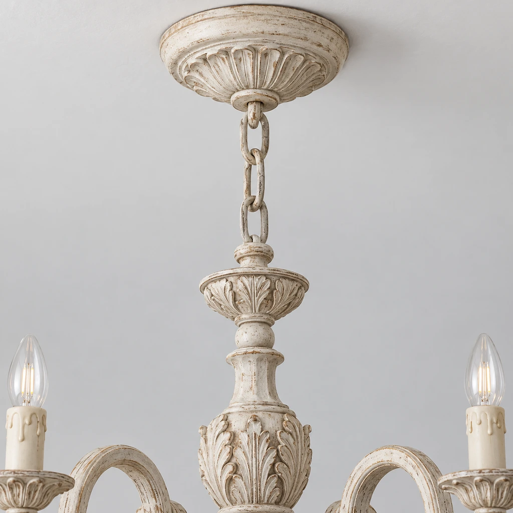 Close detail of the ceiling canopy and hanging chain