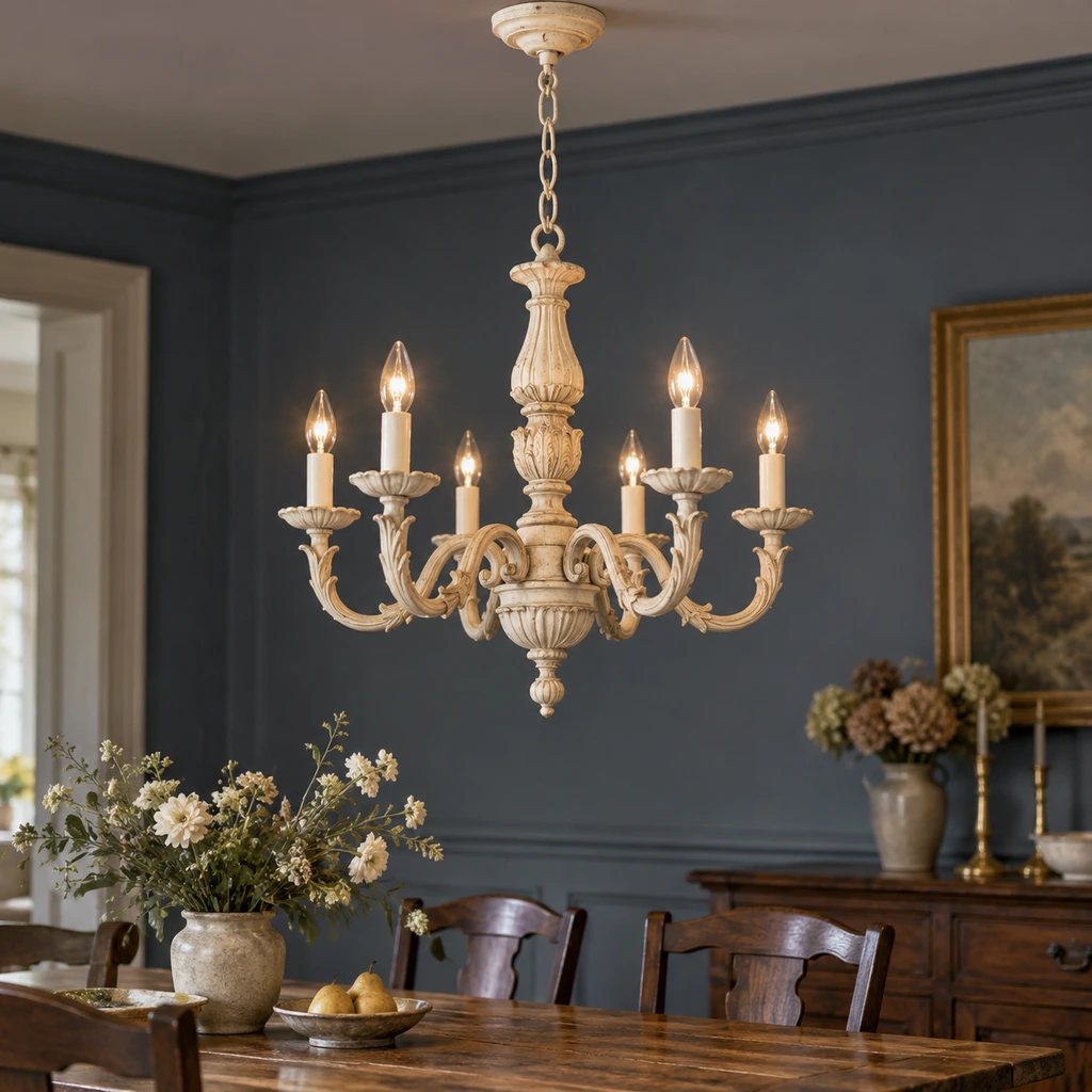 Valencia carved ivory candle chandelier above a walnut dining table