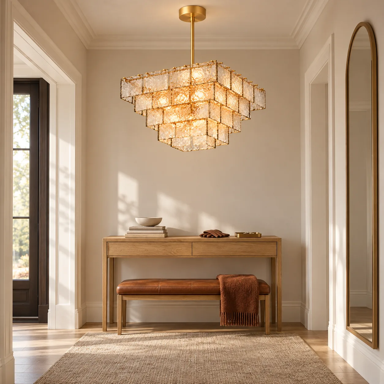 Chandelier above an entry console