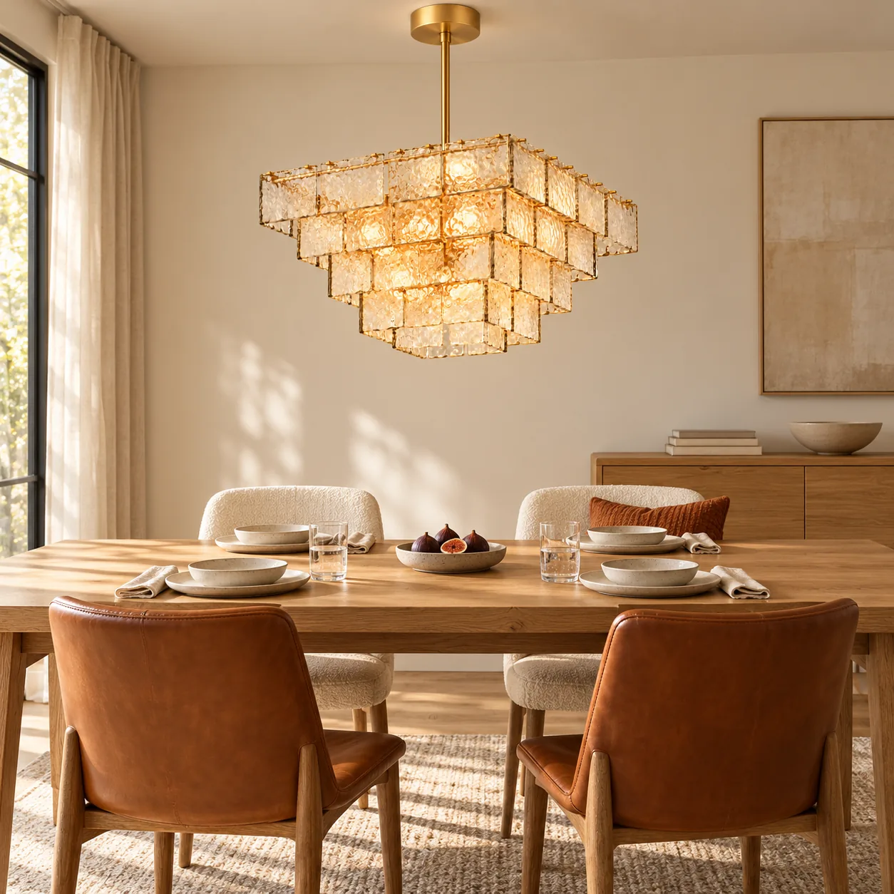 Square glass chandelier above a set dining table