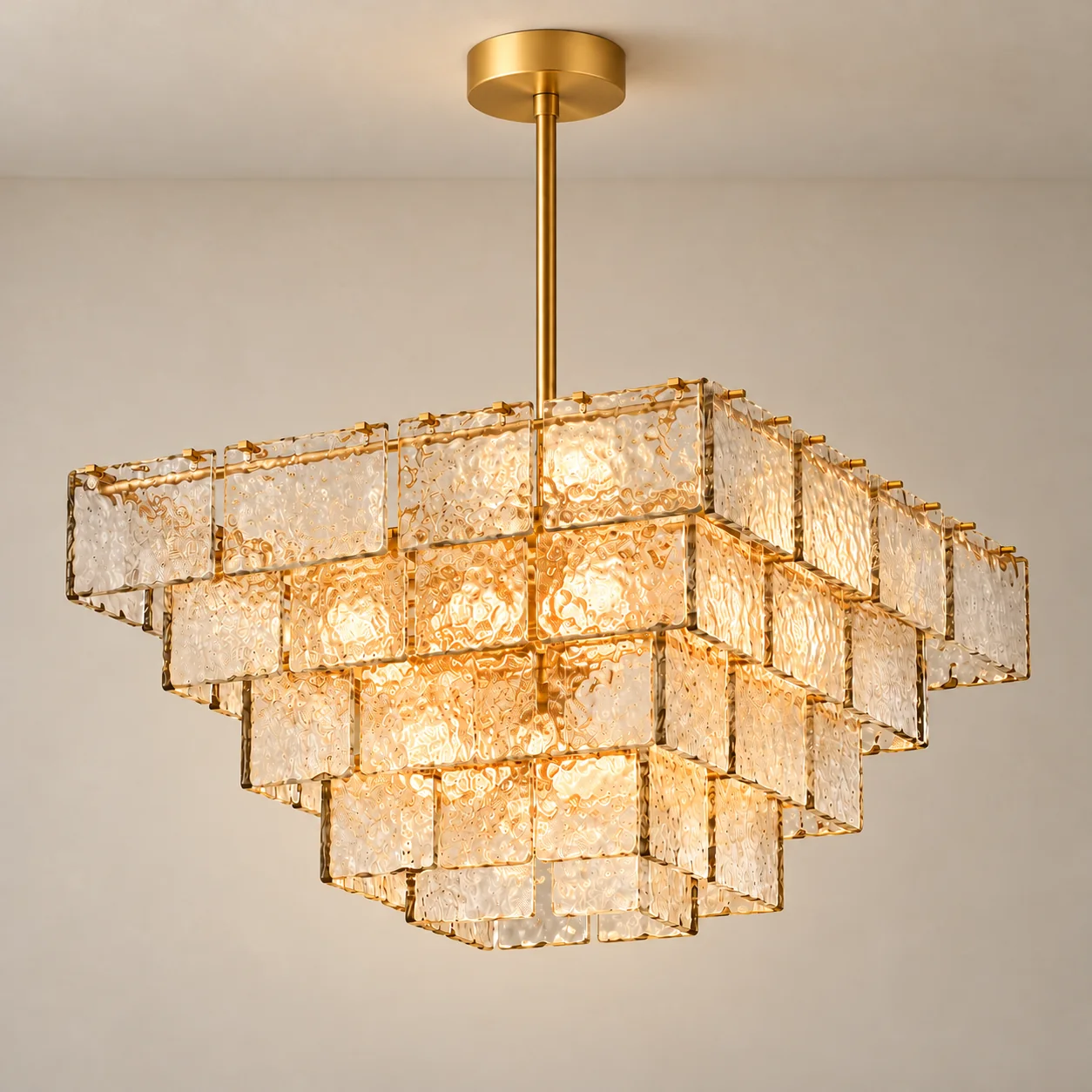 Stacked art glass chandelier, studio view