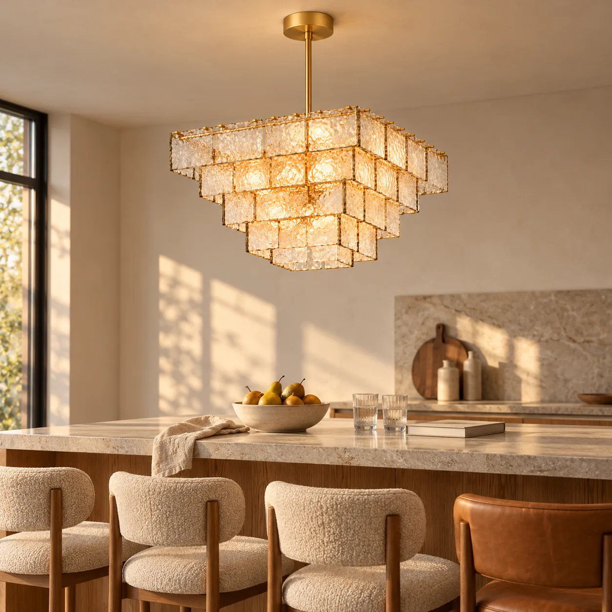 Square glass chandelier centered over a kitchen island