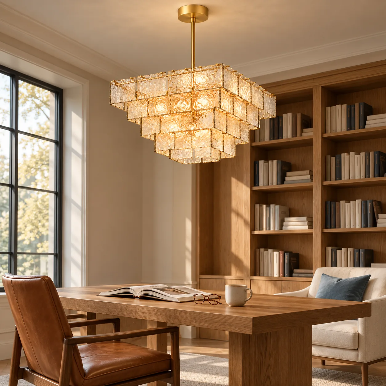 Chandelier in a book-lined study