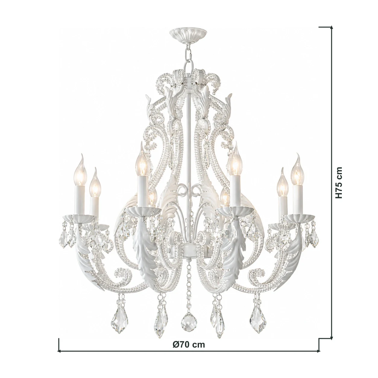 8-Light Camille chandelier dimensions Ø70 cm by H75 cm with outline-connected dimension lines