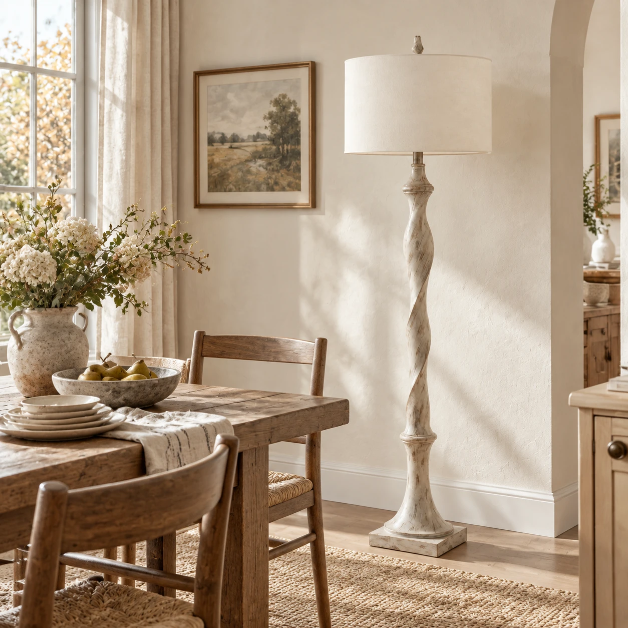 Mira Rustic Carved Wood Floor Lamp in a residential interior