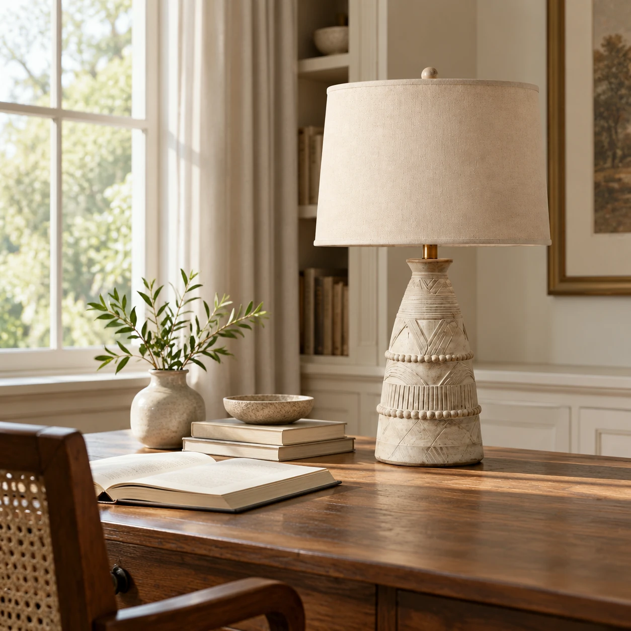Camille Rustic Carved Wood Table Lamp in a residential interior