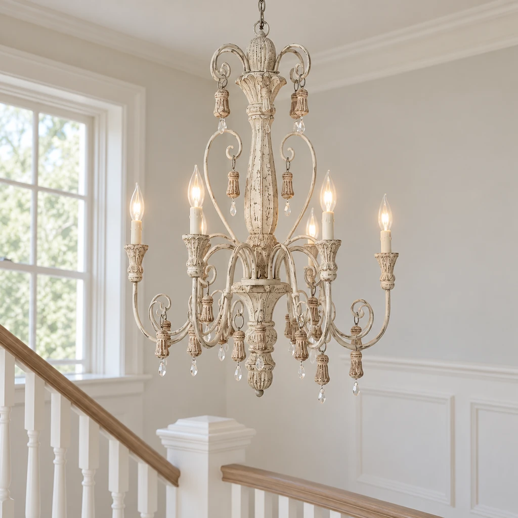 Elowen chandelier beside a pale stair landing