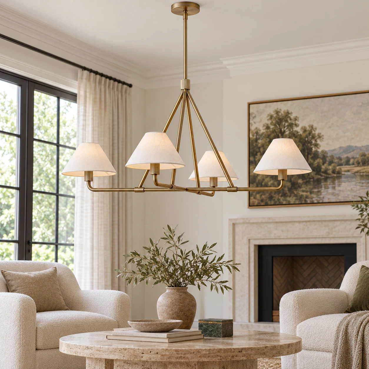 4-Light Gold linear chandelier in a sitting room