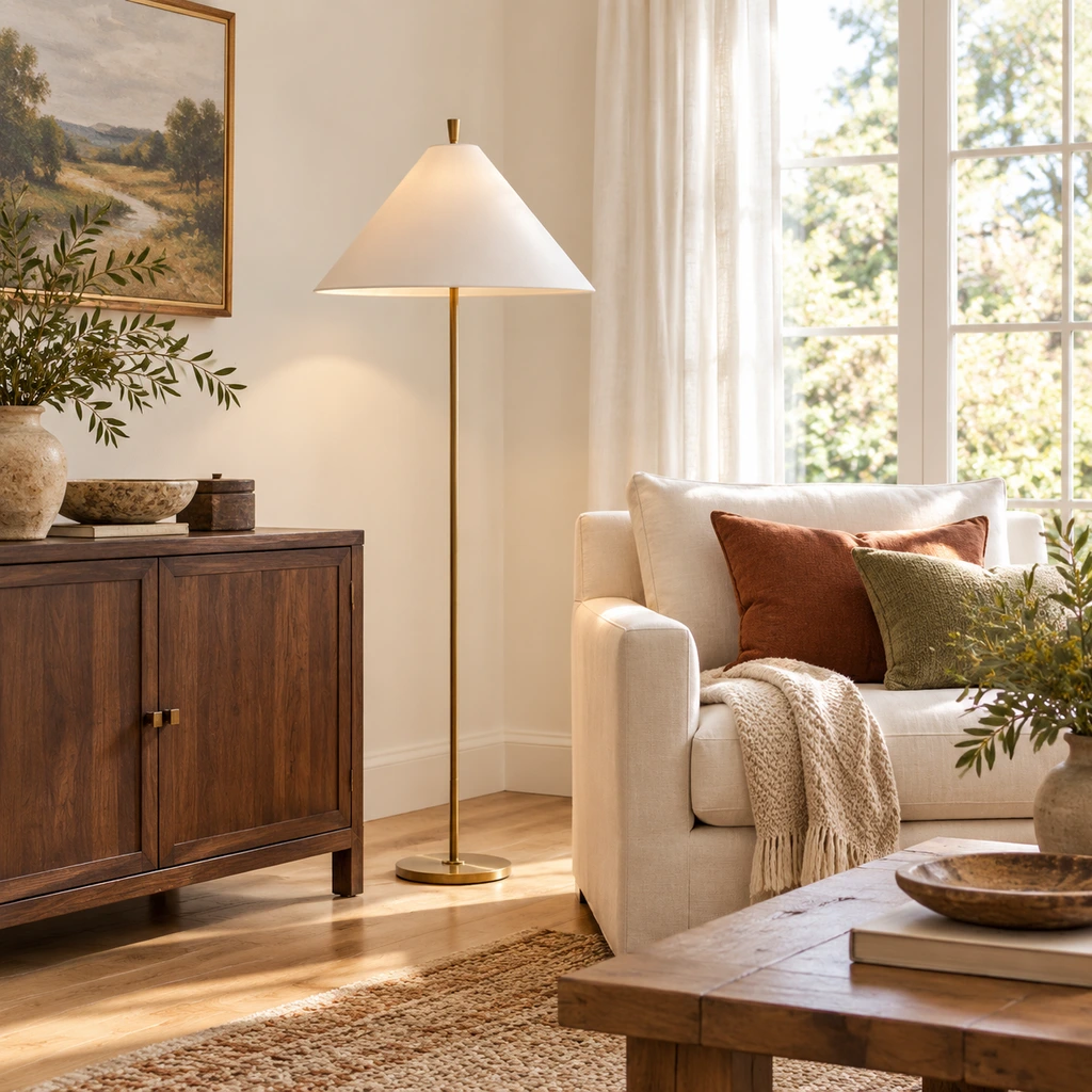 Clara antique brass floor lamp beside a chair in a bright living room