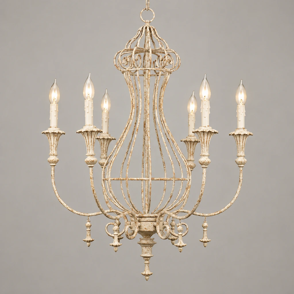 Elowen distressed iron lantern chandelier illuminated in a neutral studio