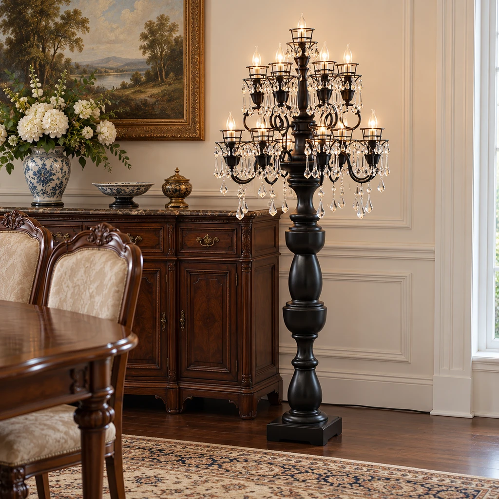 Celeste floor lamp beside a dining sideboard