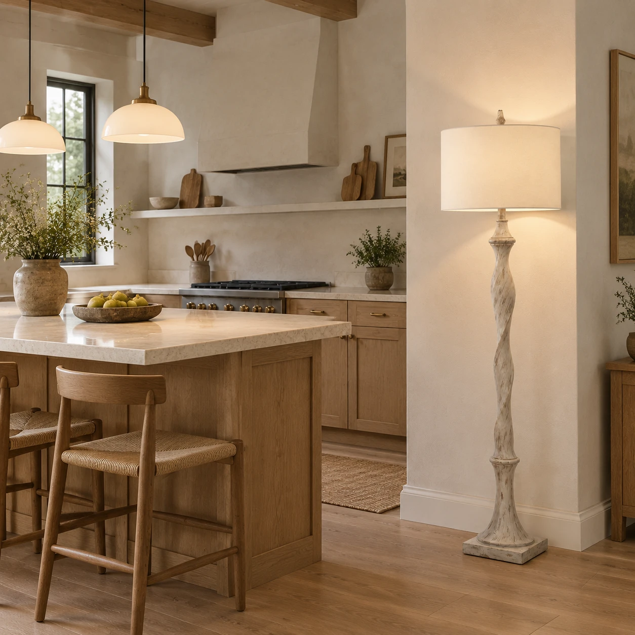 Mira Rustic Carved Wood Floor Lamp in a residential interior