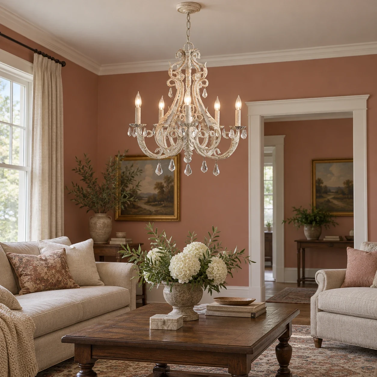 Five-light Camille chandelier in a clay-toned American sitting room