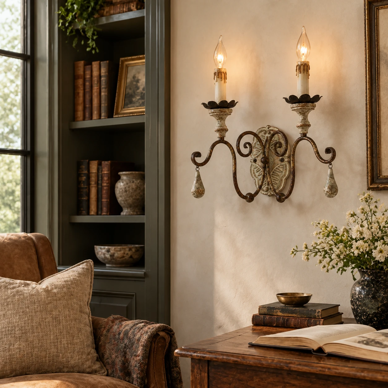 Two-light wood and iron wall sconce in a warm sitting room