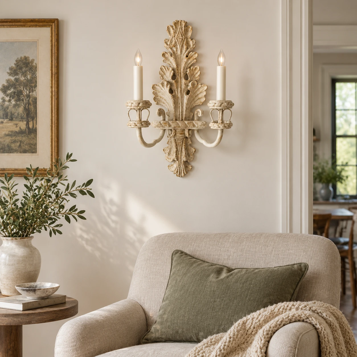 Odette French Candle Wood Wall Sconce in a residential interior