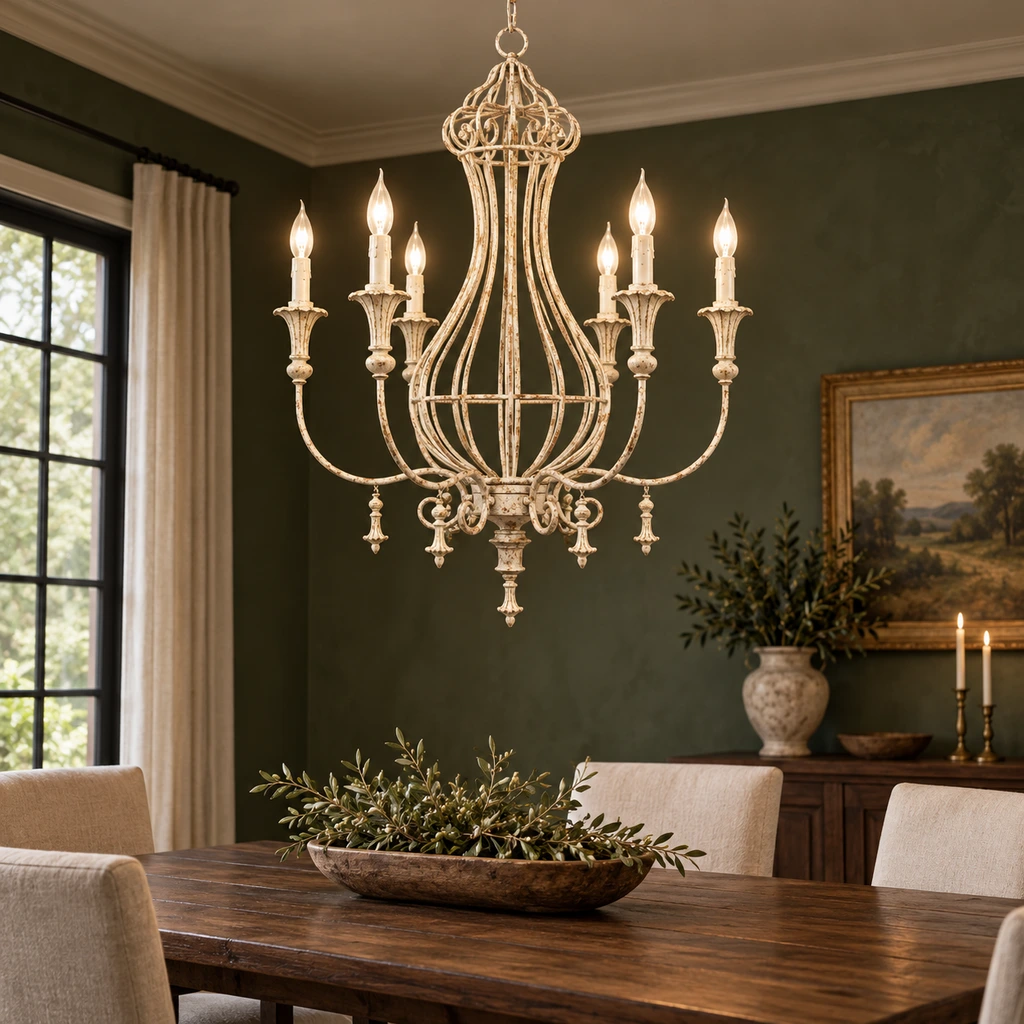 Elowen distressed iron lantern chandelier above a walnut dining table