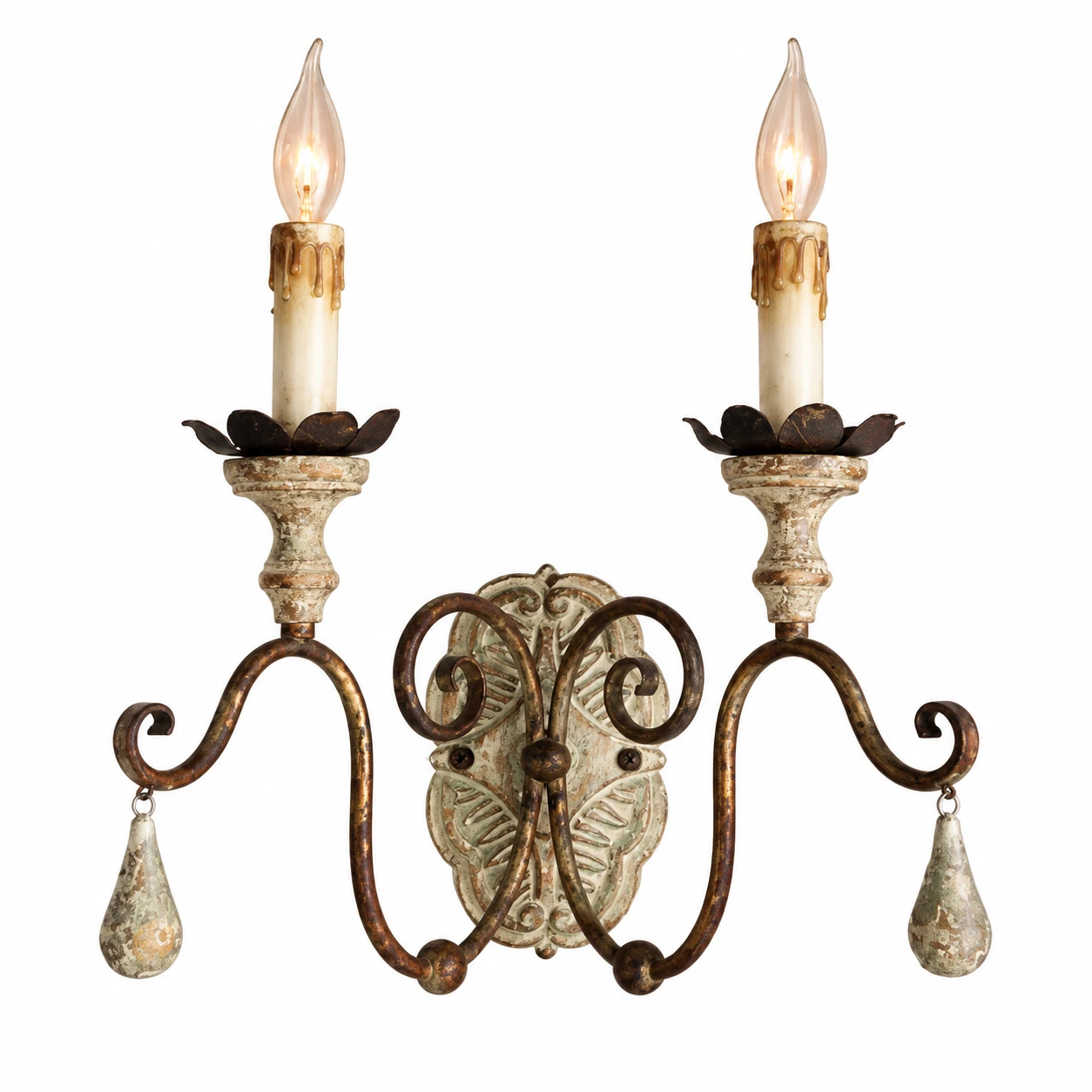 Evelyn two-light wood and iron wall sconce on a white background