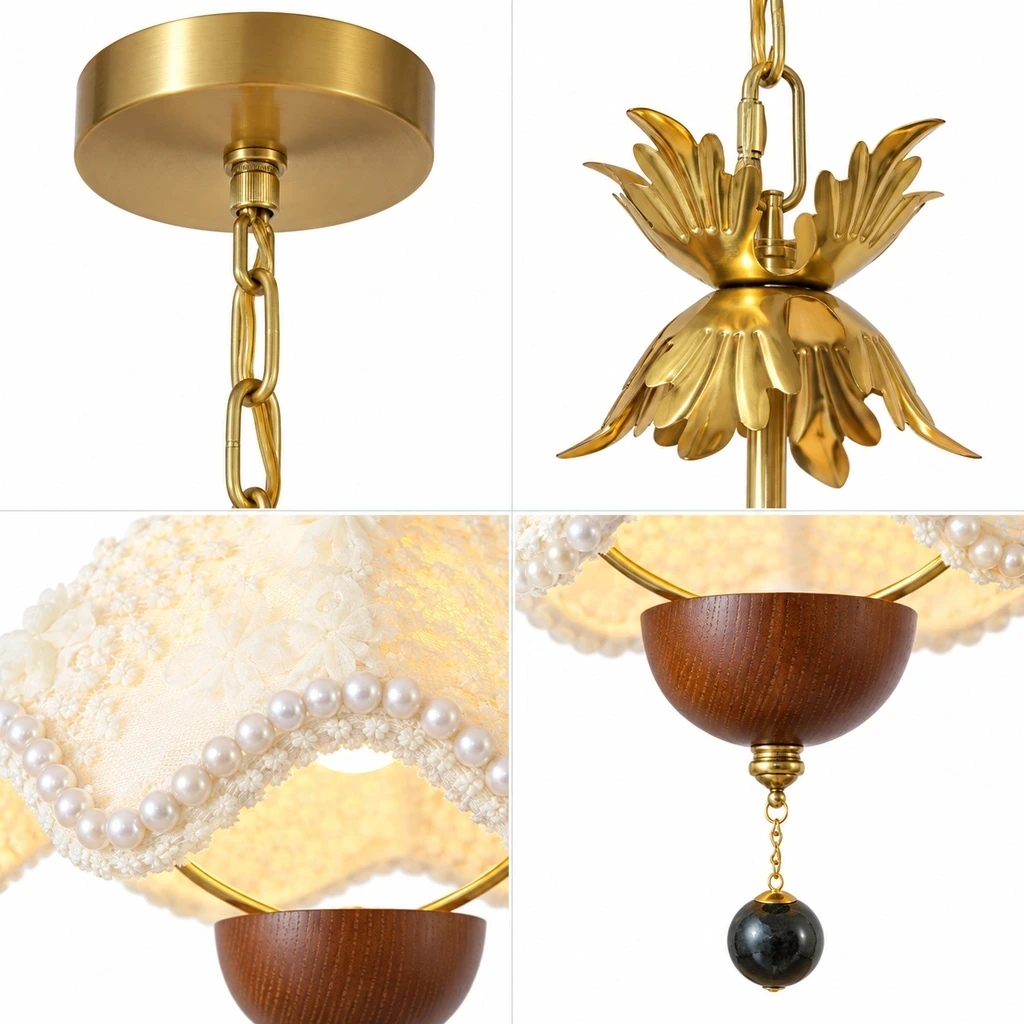Close detail of Sophie Floral Fabric Iron Pendant Light connection