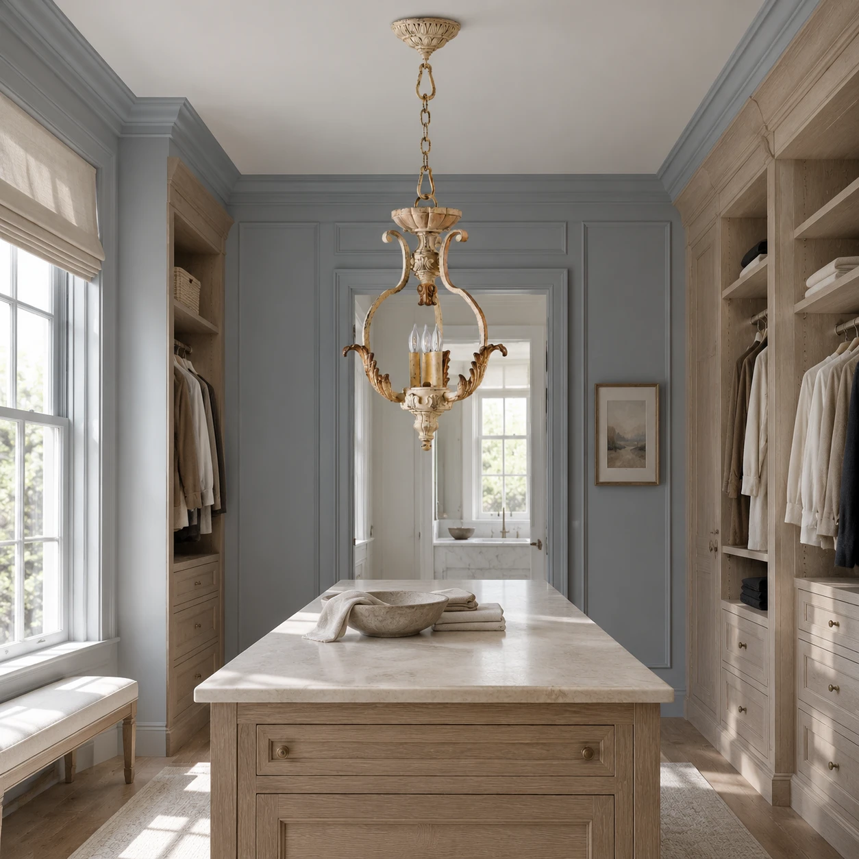 Evelyn pendant in a dusty blue dressing room
