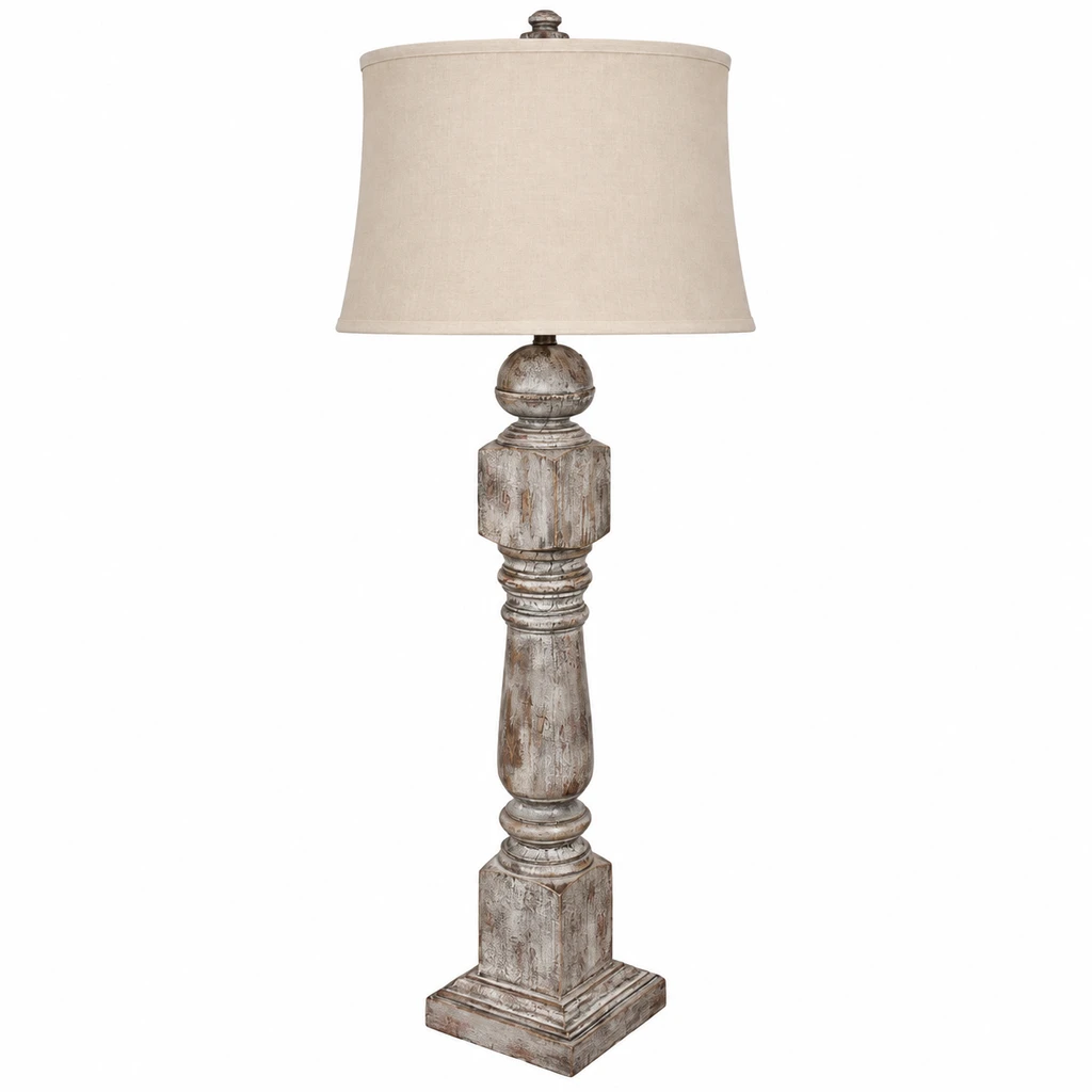 Alden distressed wood column table lamp on white
