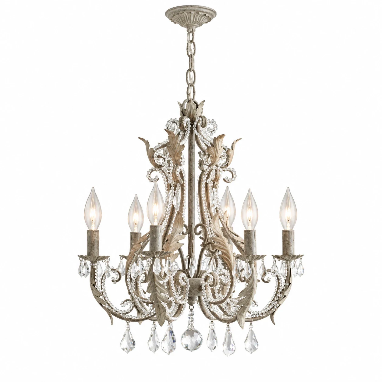 Camille 6-light gray French crystal iron chandelier on white background