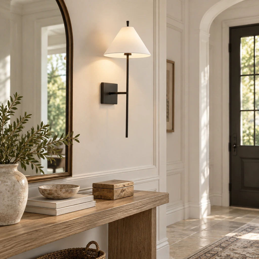 Matte black Marcel wall sconce above an entry console